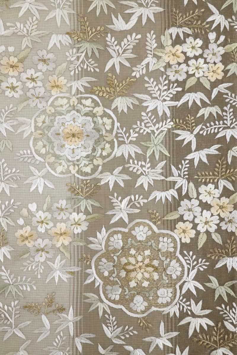 銀座【L-8889】絽 刺繍 袋帯 灰汁色 竪暈かしに華文に四季花 - 銀座