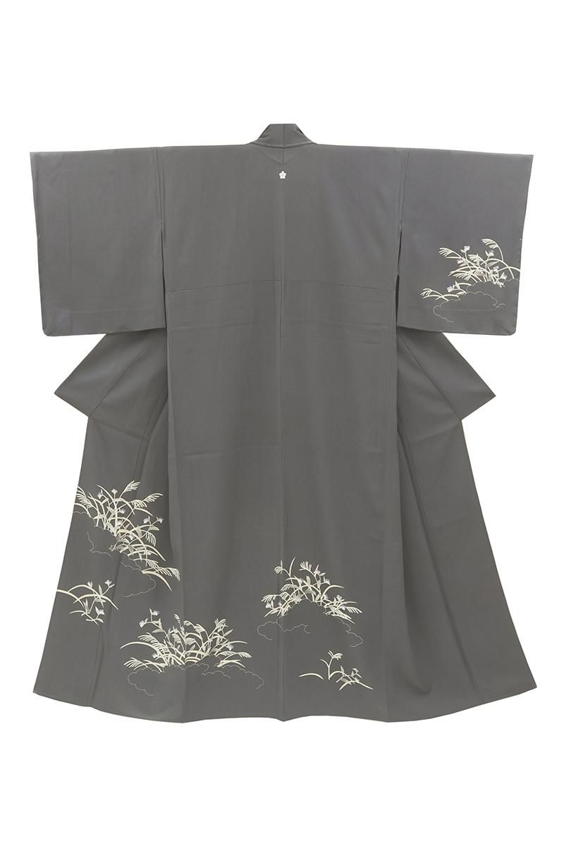 銀座【B-4574】単衣 染一ッ紋 付下げ 紺鼠色 雲に芒や露草の図 :身丈