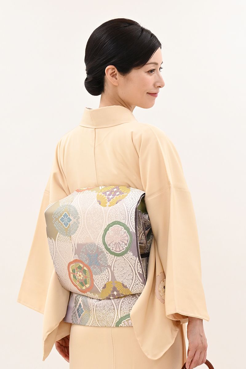 銀座【L-8907】西陣 芳彩美術織物製 袋帯 牡丹鼠色 立涌に木瓜など