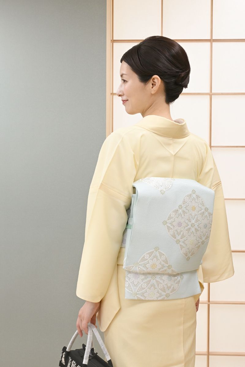 銀座【L-8914】西陣製 スリーシーズン 袋帯 藍白色 七宝華文（反端付
