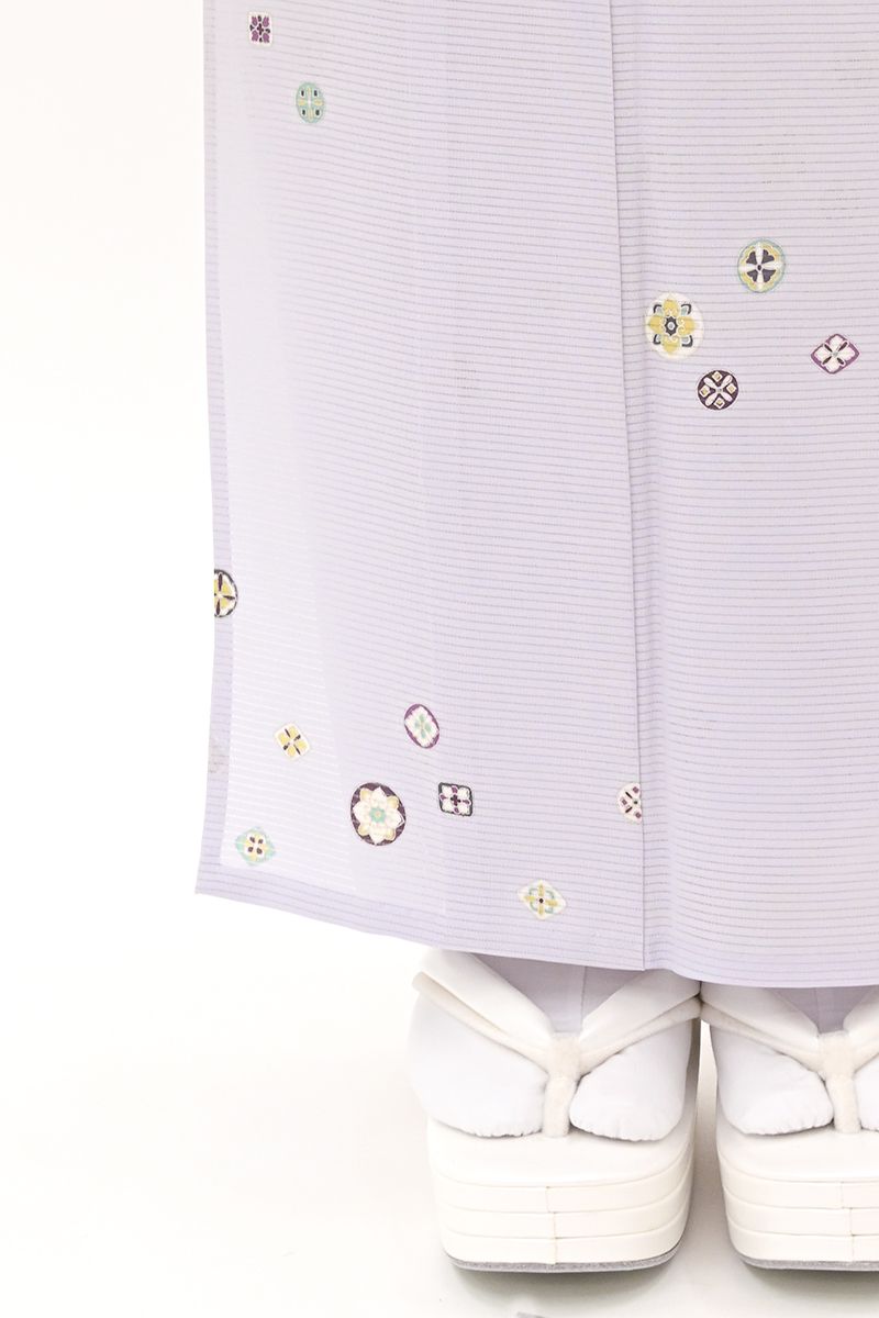 銀座【D-4108】京摺り友禅 伝統工芸士 岡本澄生作 絽 小紋 淡藤色 花菱