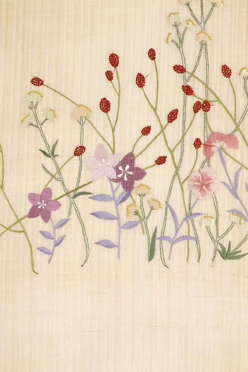 銀座【H-1221】麻地 刺繍 二部式 名古屋帯 香色 秋草の図 - 銀座きもの