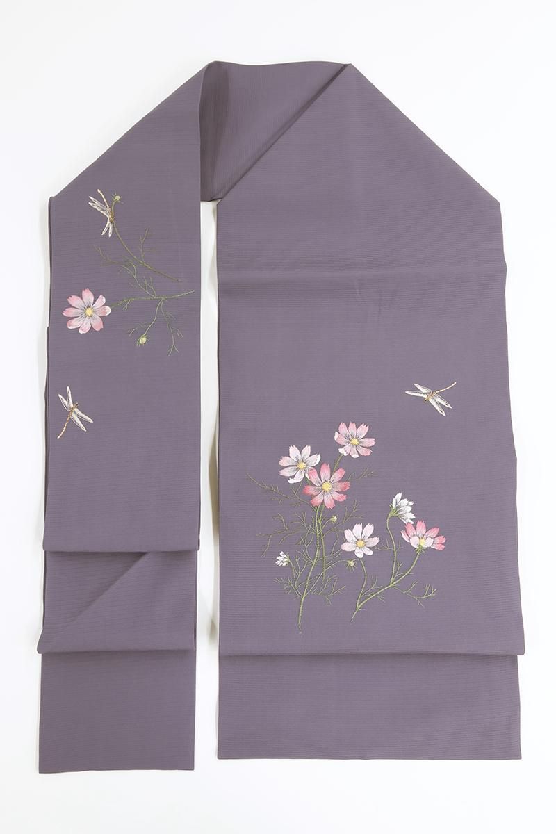 銀座【H-1140】絽塩瀬地 刺繍 名古屋帯 藍色鳩羽 秋桜に蜻蛉の図