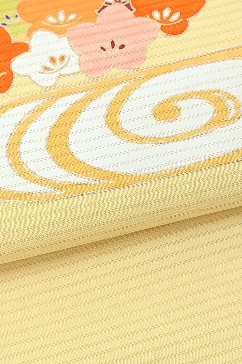 銀座【帯6083】絽塩瀬 九寸染名古屋帯 玉子色 観世水に花霞（余り布