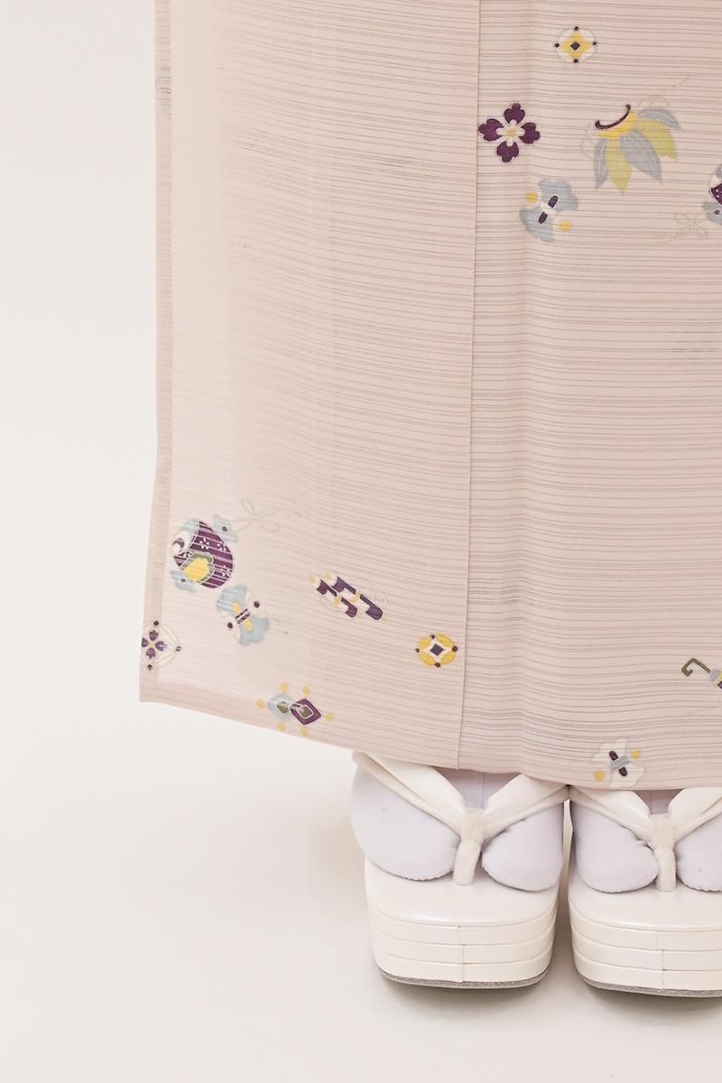 布の宿本陣✳︎しょんべん小僧とカエル泥棒✳︎藍染め・更紗・紫陽花・着物リメイク・古布 銀座【D-4121】京摺り友禅 伝統工芸士 岡本澄生 絽 小紋 灰桜色