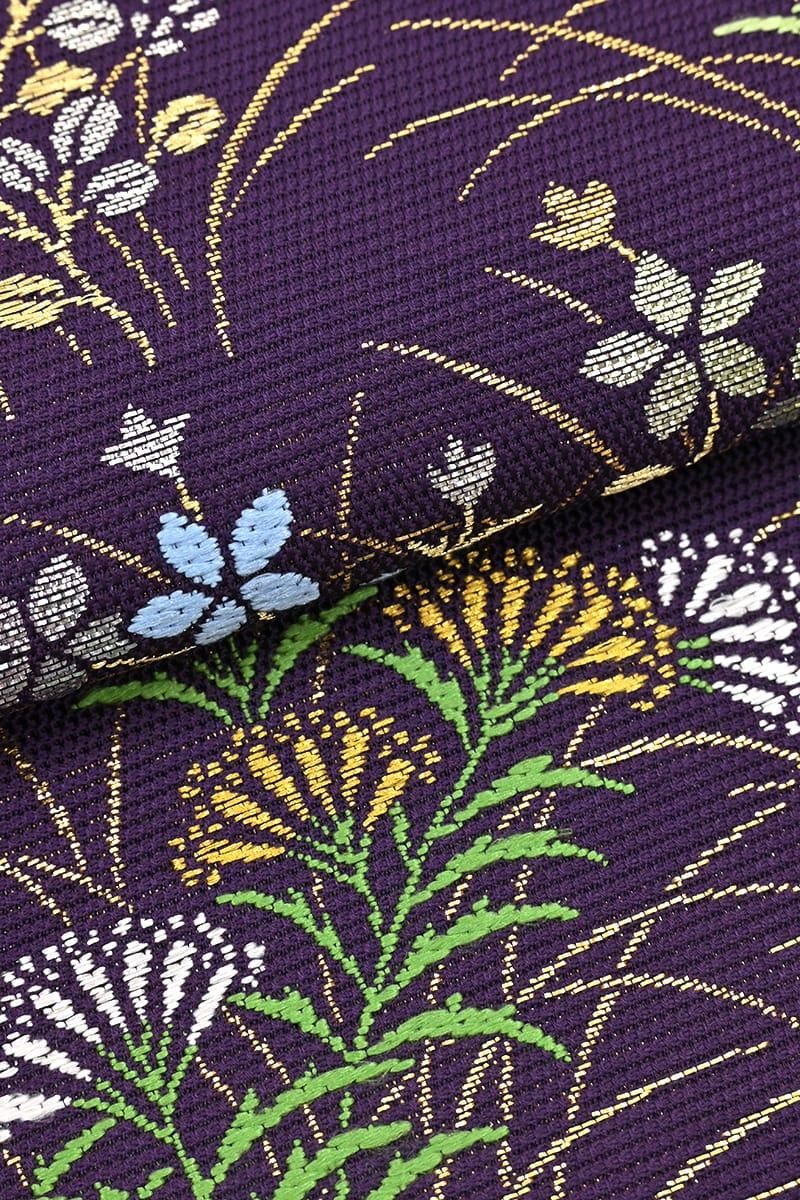 銀座【帯6092】西陣 龍村美術織物製 たつむら 夏袋帯 深紫色 銘「山辺