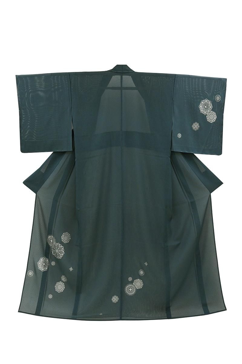 銀座【B-4652】絽 付下げ 藍鉄色 華文(反端付):身丈163/裄69.5 - 銀座