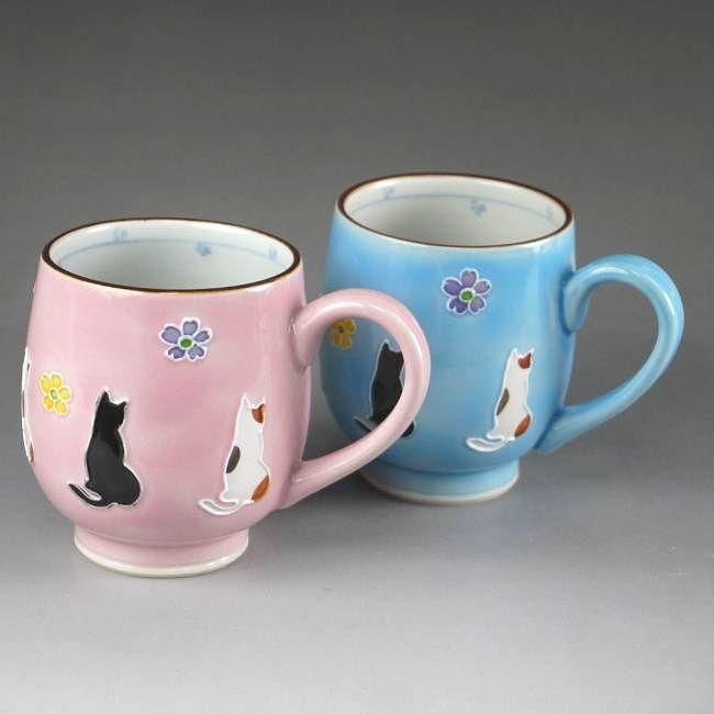京焼・清水焼 組飯碗 交趾花ねこ(こうちはなねこ) 昇峰 LIH559 磁器