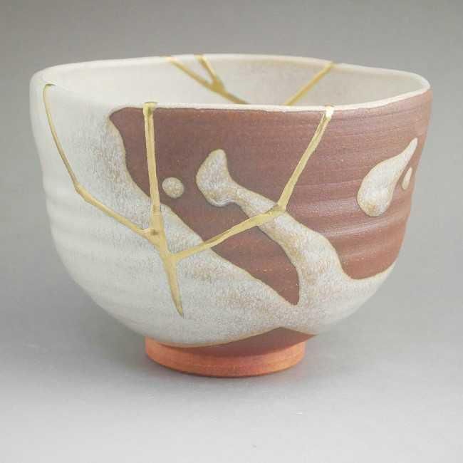 仁清写　片男波抹茶茶碗　秋峰　金継紋 - 京焼清水焼　松韻堂
