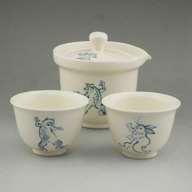 茶】茶道具／煎茶 三浦竹軒作 染付 高山寺 鳥獣戯画 煎茶碗 十客 汲出碗