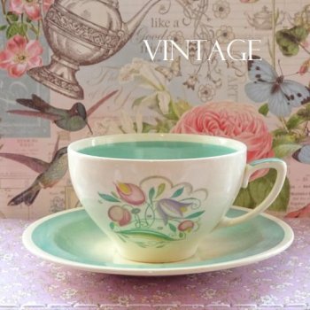 【Susie Cooper】Vintage Dresden Spray Cup & Saucer<br>ヴィンテージ　スージークーパー  ドレスデン スプレイ グリーン カップ＆ソーサー　