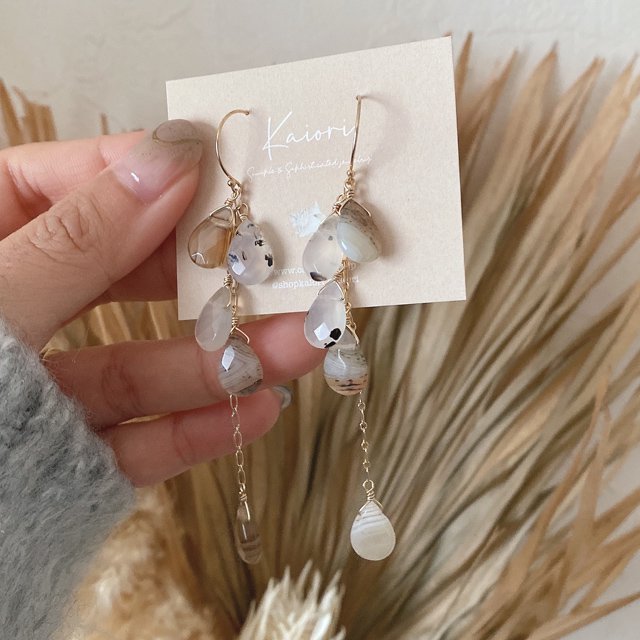 Pear Shape Montana Agate Pierced Earring ペアシェイプモンタナモスアゲート　14kgf フリンジピアス -  CandyBody