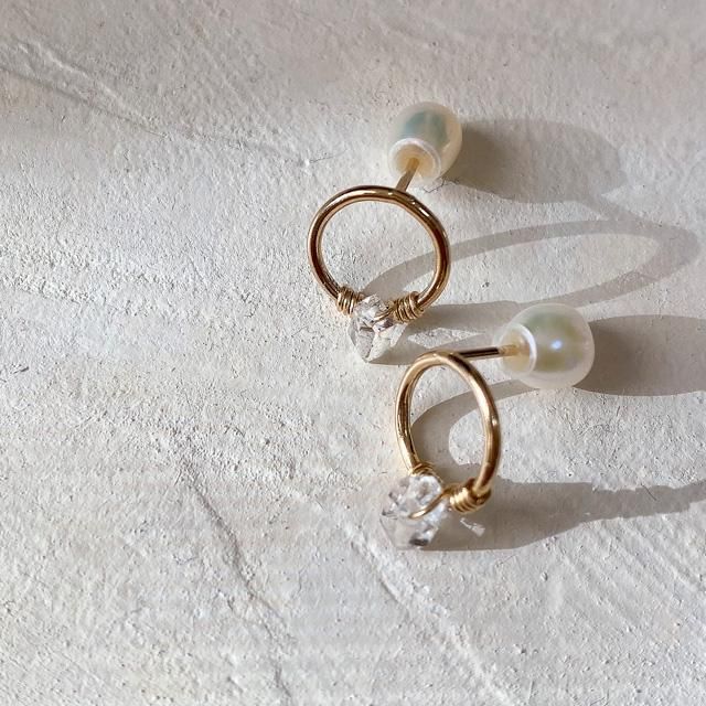 Herkimerdiamond Hoop Design Pierced Earring ハーキマーダイヤモンド　淡水パールキャッチ　14kgf  フープデザインピアス - CandyBody