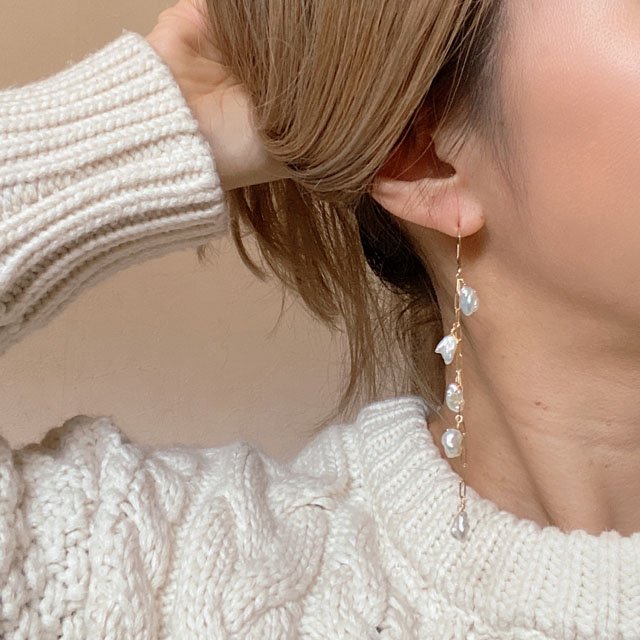 Fresh Water Pearl Long Pierced Earring 淡水パール フリンジライン