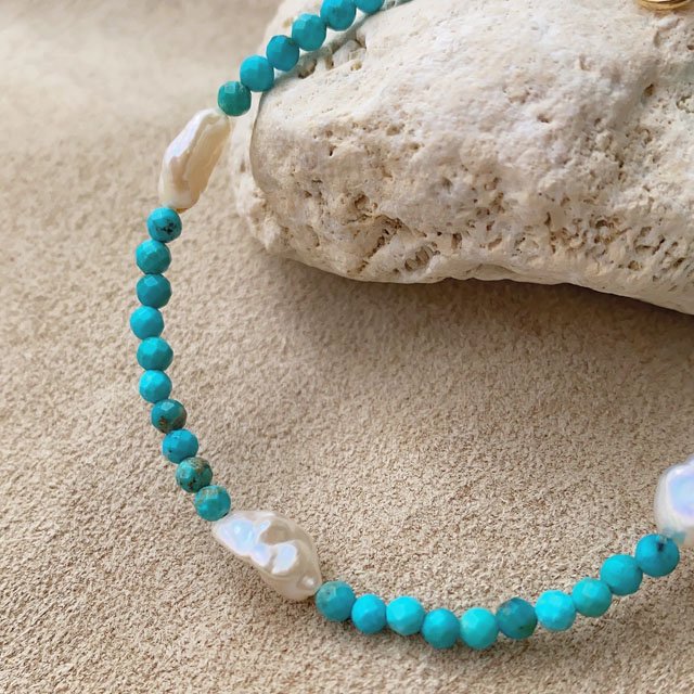 Turquoise Beads & Fresh Water Pearl Bracelet ターコイズビーズ&淡水パール　マンテルブレスレット -  CandyBody