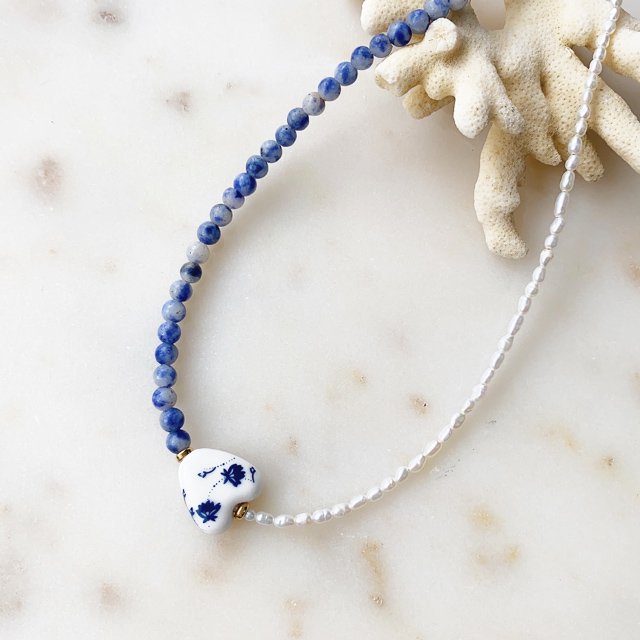 Heart Beads Freshwater Pearl & Sodalite Necklace セラミック