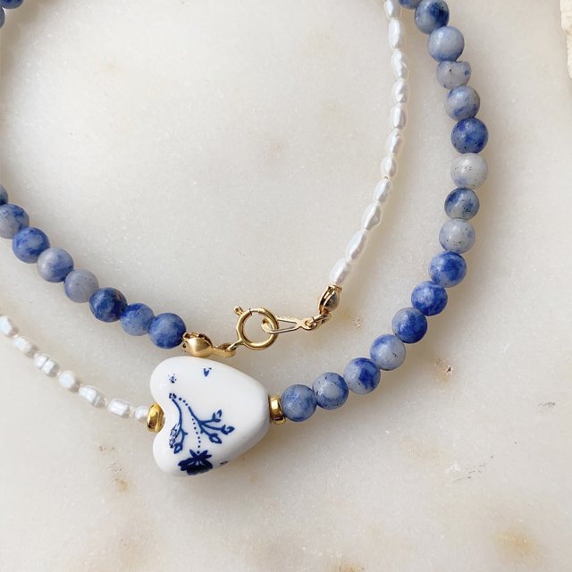 Heart Beads Freshwater Pearl & Sodalite Necklace セラミックハート