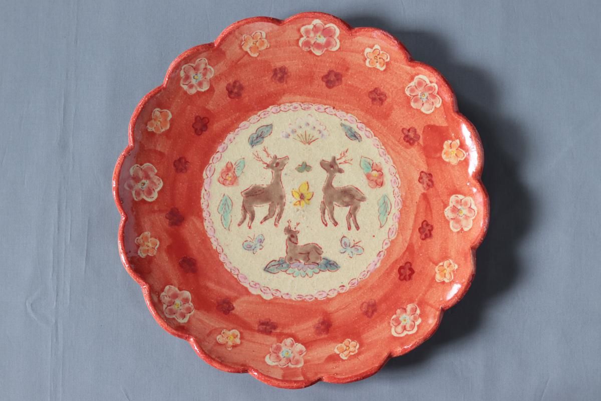 増山文 輪花絵皿7寸鹿更紗 作家の器｜さわらぎ