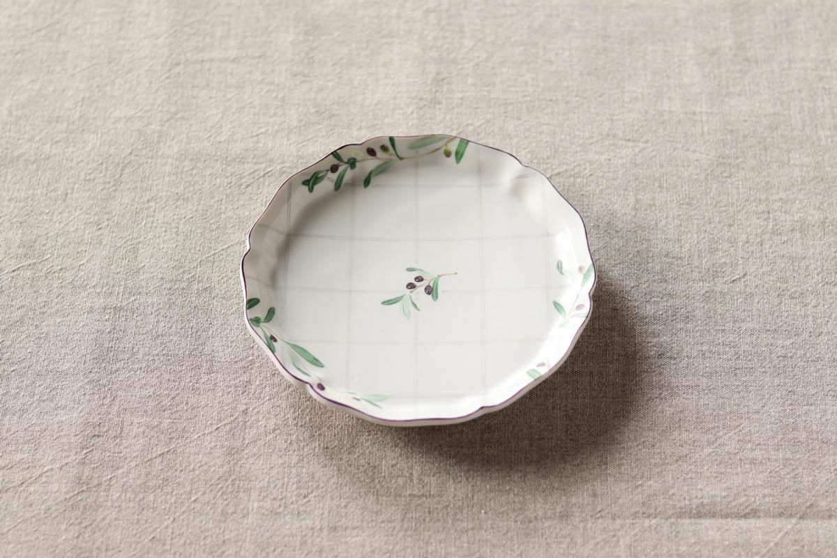 花形細リム皿5寸 | オリーブチェック - 作家の器｜さわらぎ