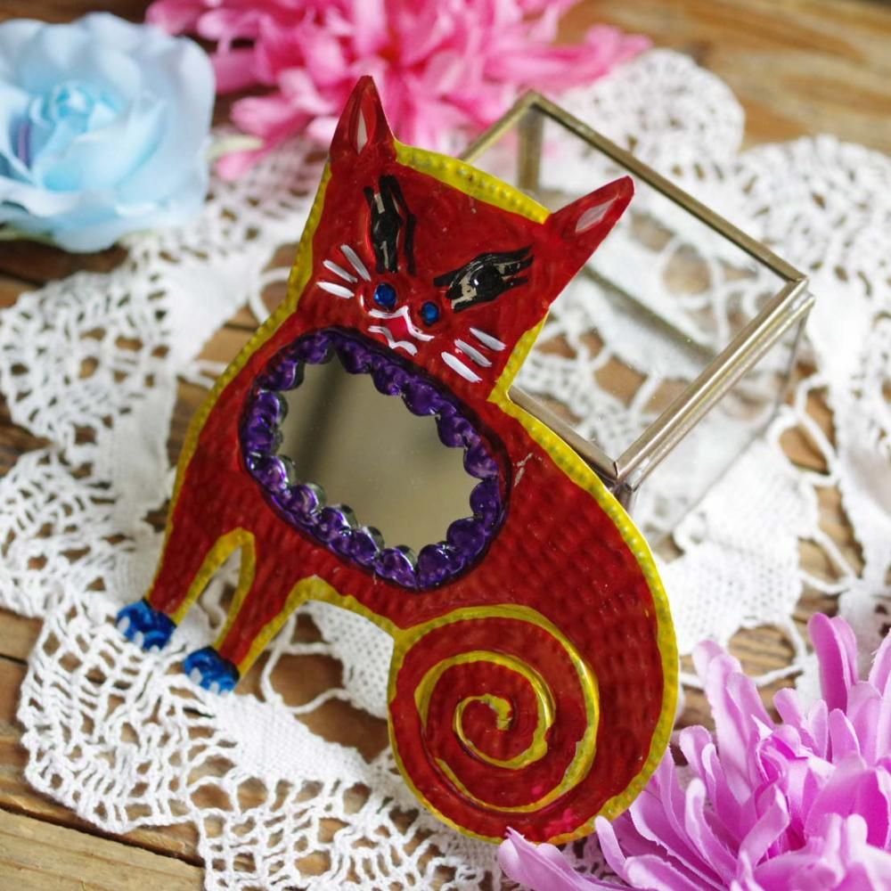 ミラー付き☆ぐるぐる尻尾ネコの壁飾り【H11cm】 B