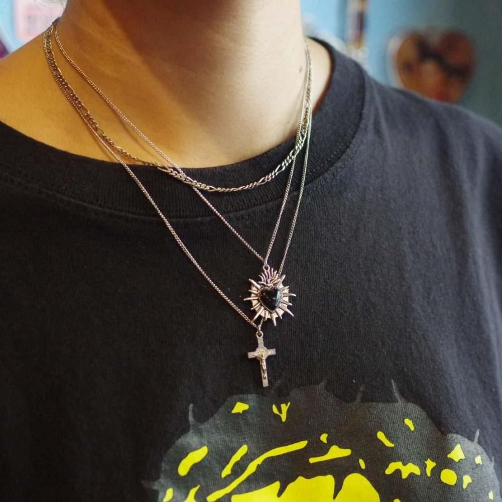 破格 大きなハート リビアングラスハート×ブラックオーラライトk18k14 K10 オニキス ハート ネックレス / 10K Onyx Heart Necklace