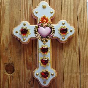 PAD メキシコ雑貨 壁掛け十字架 Mexico十字架 コラソンのウッド製クロス 壁掛け飾り パープル