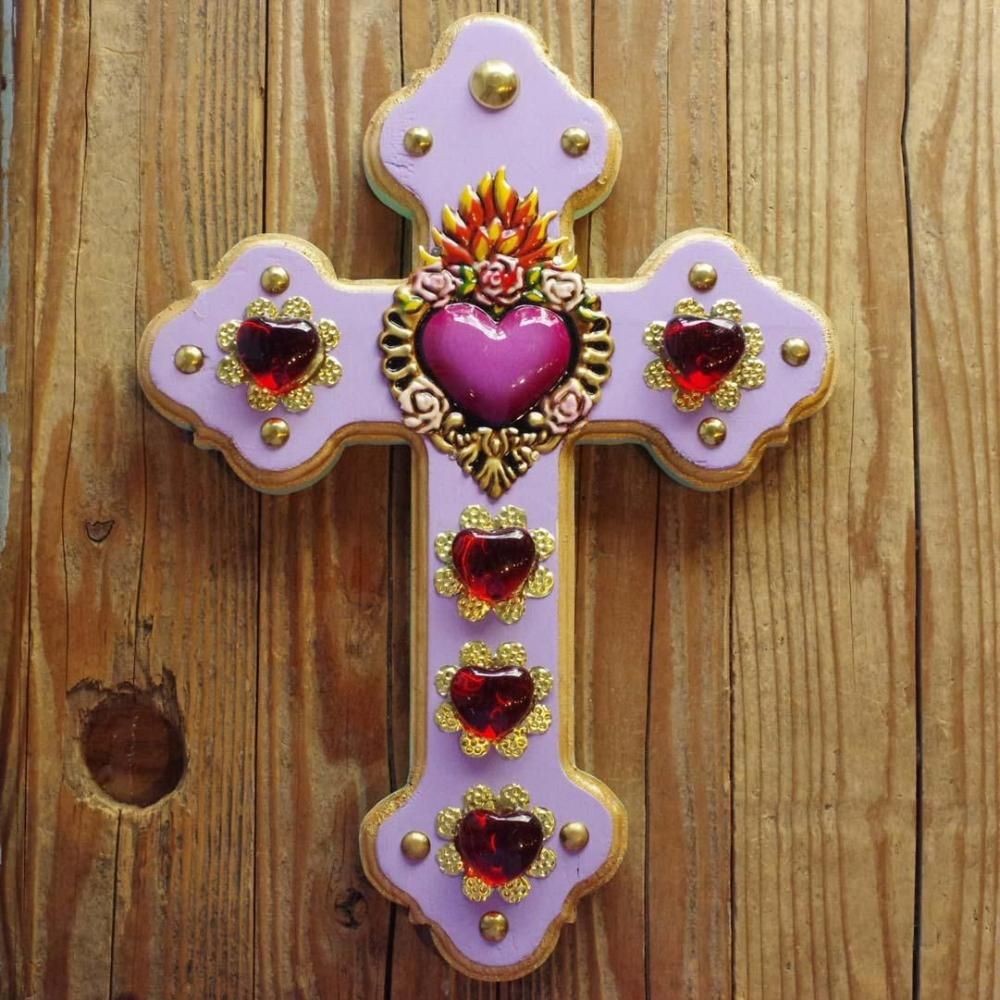 メキシコ雑貨　コラソン　十字架　クロス　フラワー　マリア　壁掛け Mexico十字架 薔薇のコラソン ウッド製ハートクロスの壁掛け飾り