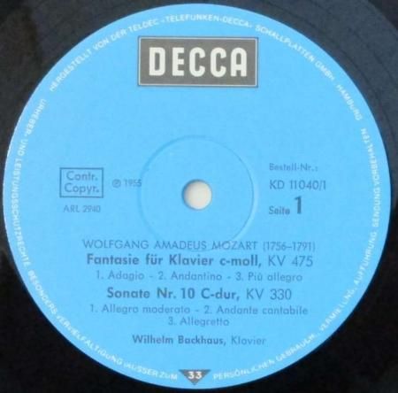 LPレコード W. バックハウス モーツァルト 幻想曲，ピアノ
