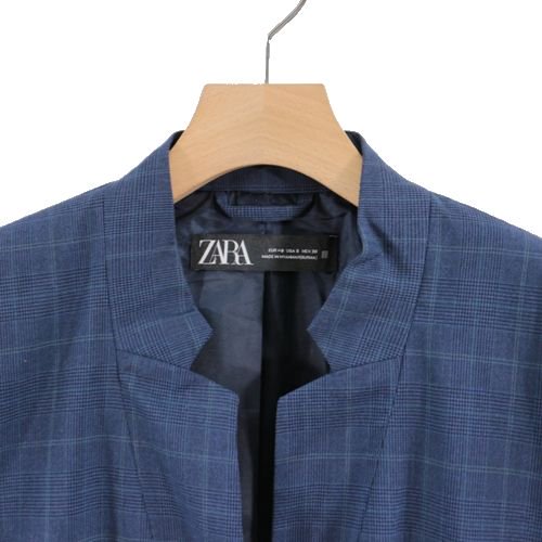 ZARA ザラ ノーカラー チェック ジャケット 40 ネイビー - ブランド 