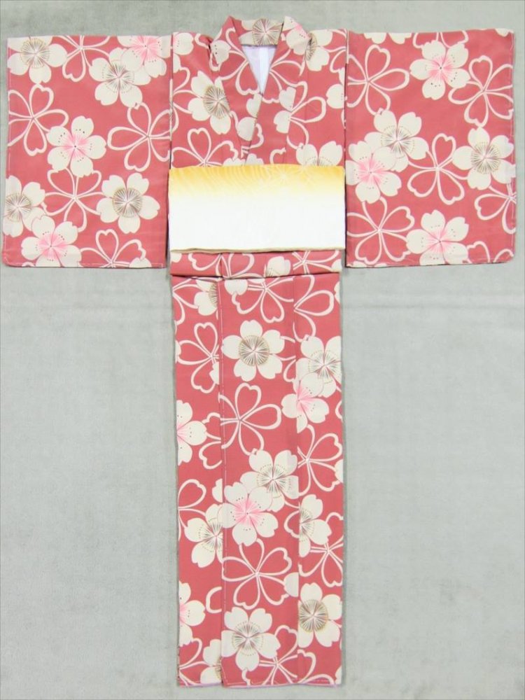 高級着物 既製品 sk-4 桜柄・橙桃色・Ｌ寸 - 着物・浴衣の反物/教材用