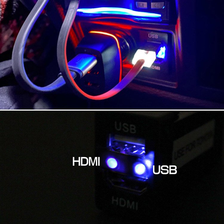 トヨタ USBポート HDMI入力 スイッチホール スマホ iPhone 充電 音楽 ナビ連携 スイッチパネル ブルーLED点灯  約33.5mm×22.5mm｜バイクパーツ・バイク用品・カー用品・自動