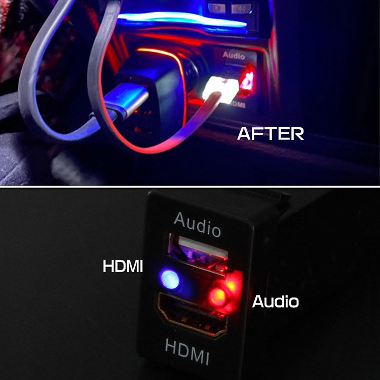 トヨタ車 MiniHDMIケーブル付き USBポート HDMI入力 スイッチホール オーディオ中継 音楽 ブルー/赤LED点灯  約33.5mm×22.5mm｜バイクパーツ・バイク用品・カー用品・自動車