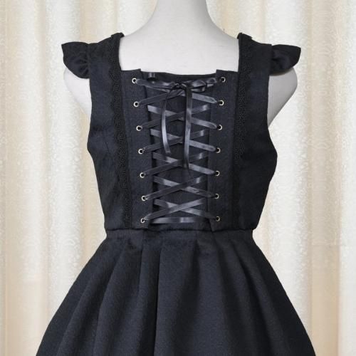 Fairy wish】シャンデリア柄リボンジャンパースカート(膝丈・ブラック