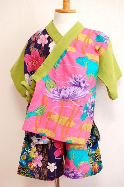 男の子に和柄派手カラフル甚平 ピンク パープル 黄緑 水色 鯉柄 手作り子供服の通販店 神の手 男の子に和柄派手カラフル甚平 ピンク パープル 黄緑 水色 鯉柄 手作り子供服の通販店 神の手