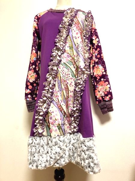 和柄 レディースワンピース 冬服 紫 くるくるボア付き 手作り子供服の通販店 神の手