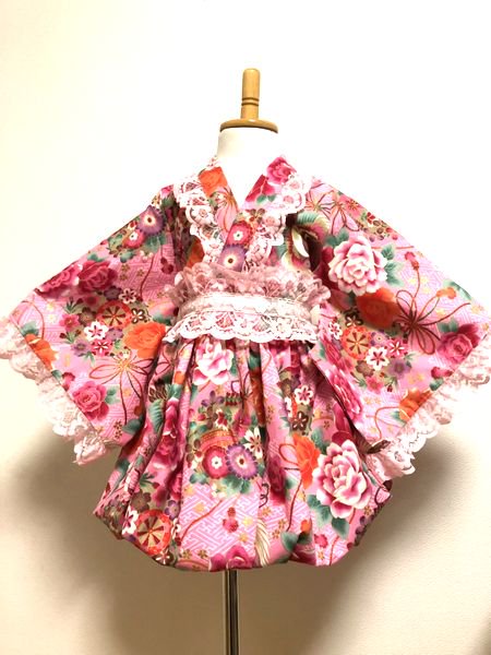 和柄 着物袖バルーンスカートワンピース ピンク鶴 女の子キッズ 手作り子供服の通販店 神の手
