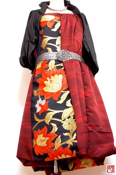 和柄2WAYバルーンスカート＆ワンピース/赤茶に豪華花刺繍