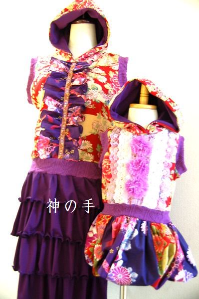 和柄ワンピース 親子リンクコーデ フリル紫 赤 手作り子供服 和柄服の通販店 神の手