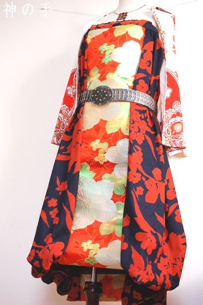 和柄2wayバルーンスカート ワンピース ネイビー橙花刺繍 手作り子供服 和柄服の通販店 神の手