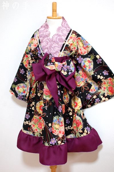 娘卒園式衣装・和柄着物ドレスワンピース・黒赤紫-手作り子供服,和柄服の通販店 「神の手」
