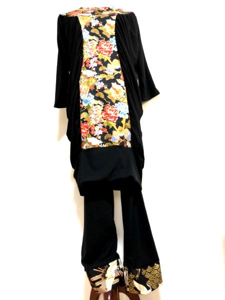シャーリングギャザーワンピース レギンス 黒に古典着物兜鶴 手作り子供服 和柄服の通販店 神の手