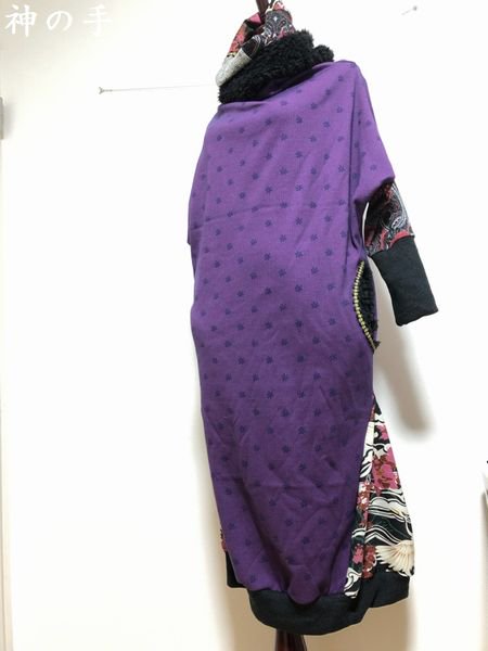 紫 黒のクール和柄ワンピース鶴 ネックウォーマー付き 手作り和柄服の通販店 神の手