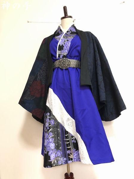 着物ドレスワンピース 和柄 ロイヤルブルーに白紫花 M 2l 手作り和柄服の通販店 神の手