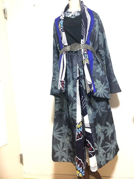 デニムと和柄のジャケット＆袴風ワイドパンツスーツ セットアップ 青と ...