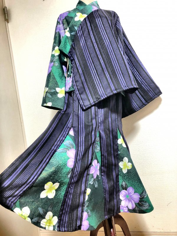 羽織り＆マーメイドスカートアンサンブル 黒紫縞×銀ラメ和柄緑グラデ L