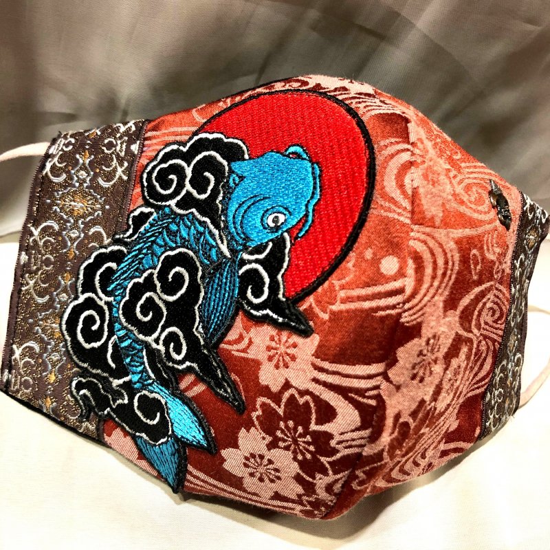 鯉×桜ジャガード ×ユリ紋章スタッズ 和柄 立体型マスク アジャスター