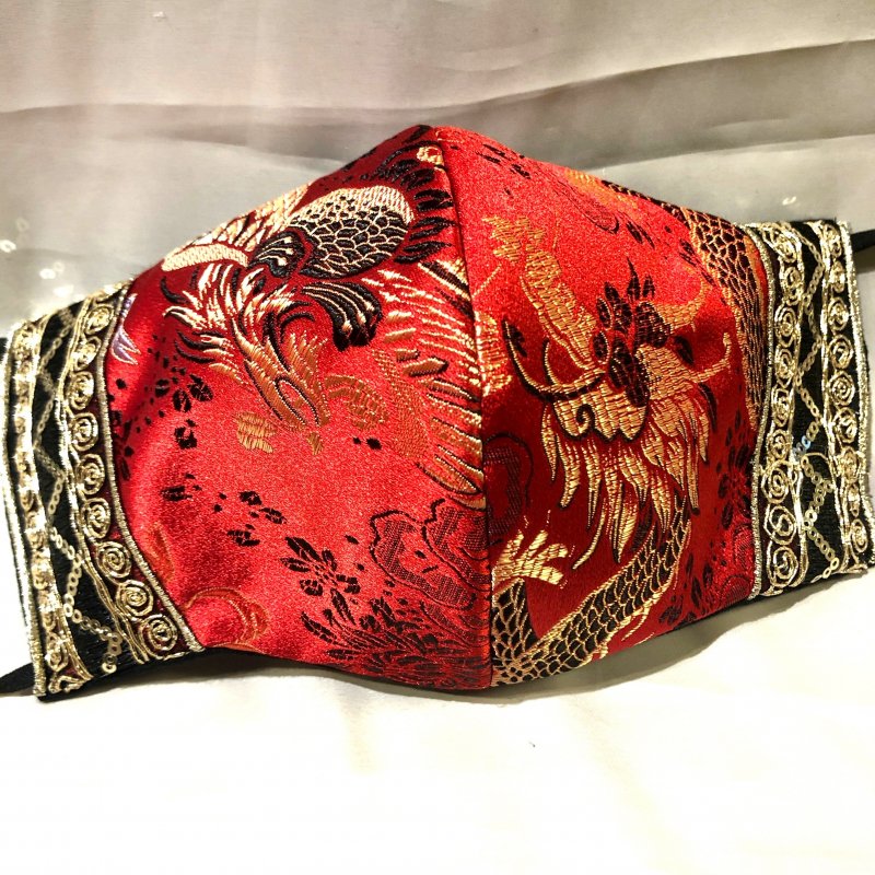 赤にゴールドの鳳凰×龍 和柄 立体型マスク アジャスター付き 不織布
