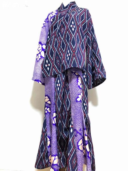 和装セットアップスーツ 羽織×マーメイドスカート 和柄紫シボリ×紺菱 