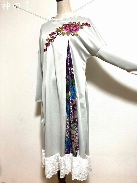 即納 即納 ドロップショルダーワンピース 和柄紫花 オフベージュ フリー 手作り和柄服神の手 即納 即納 ドロップショルダーワンピース 和柄紫花 オフベージュ フリー 手作り和柄服神の手