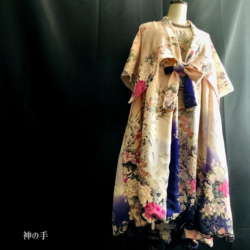 DRESS着物リメイク　振袖　ドレス　マキシ丈ギャザーワンピース＆ボレロ　金銀彩　蝶